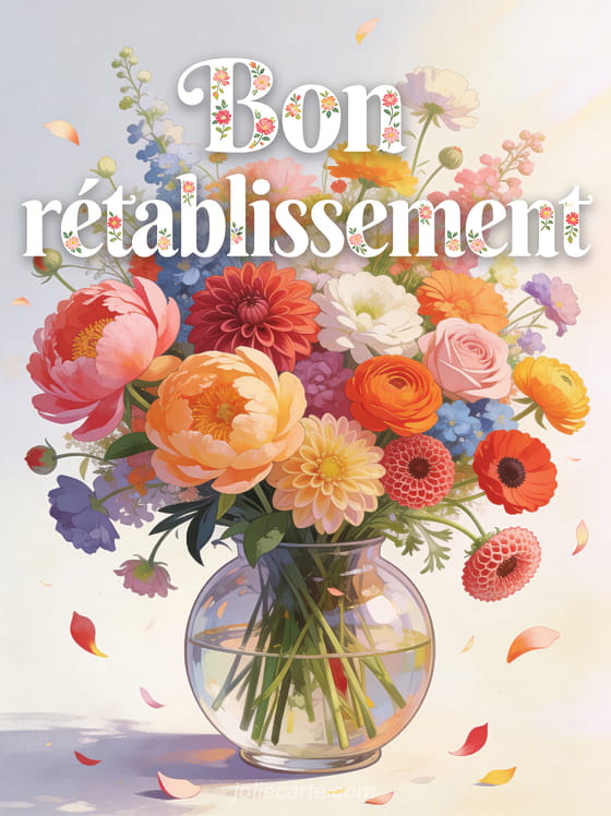 Énorme bouquet de fleurs variées et colorées pivoines dahlias roses et renoncules débordant d'un vase rond en verre avec des pétales qui volent et le texte Bon rétablissement