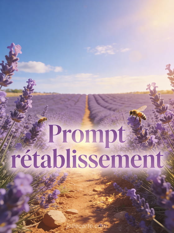 Champ de lavande en Provence à perte de vue sous un ciel d'été avec des abeilles qui butinent et un chemin de terre et le texte Prompt rétablissement
