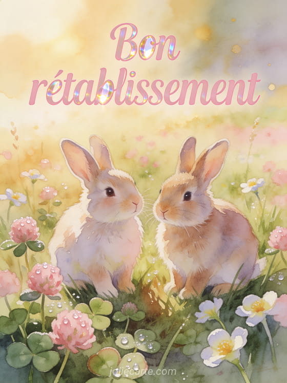 Deux petits lapins côte à côte dans un pré fleuri de trèfles et de pâquerettes dans la lumière dorée du matin avec de la rosée et le texte Bon rétablissement