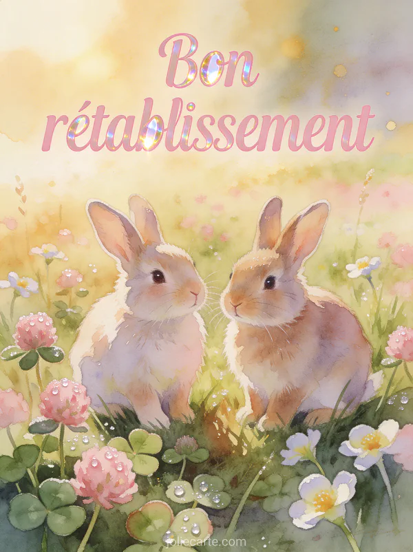 Deux petits lapins côte à côte dans un pré fleuri de trèfles et de pâquerettes dans la lumière dorée du matin avec de la rosée et le texte Bon rétablissement