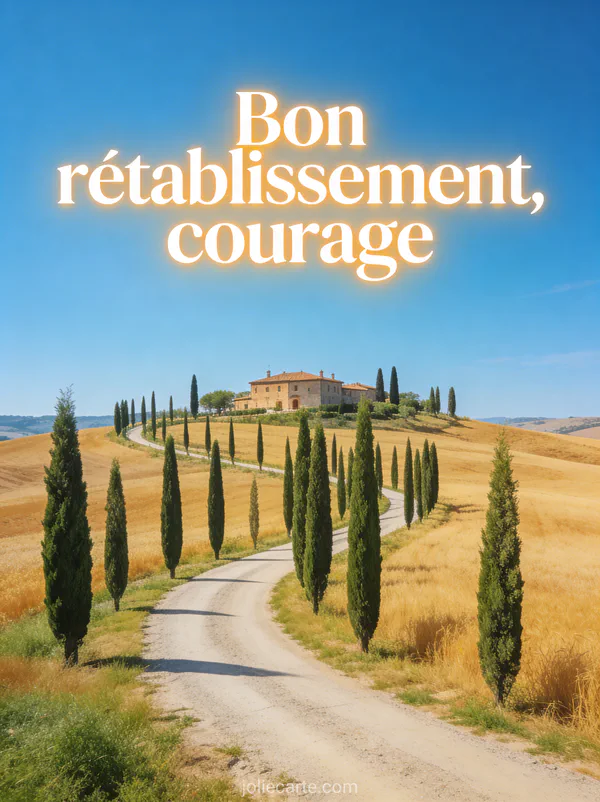 Paysage de Toscane avec cyprès alignés le long d'une route sinueuse champs dorés et villa au loin sous un ciel bleu et le texte Bon rétablissement courage