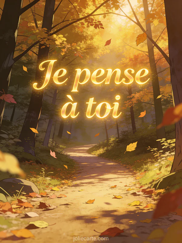 Sentier de forêt en automne baigné de lumière dorée avec feuilles colorées tombant et rayons de soleil filtrant à travers les branches et le texte Je pense à toi