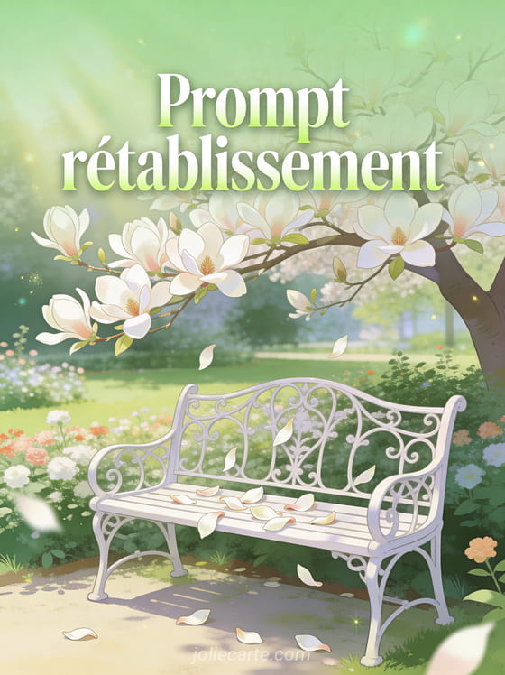 Jardin fleuri avec banc en fer forgé blanc sous un magnolia en fleurs pétales qui tombent et lumière nacrée et le texte Prompt rétablissement