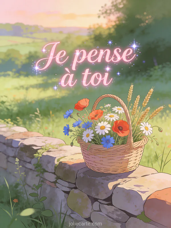 Panier de fleurs sauvages des champs posé sur un muret de pierre avec coquelicots marguerites et bleuets dans la lumière douce et le texte Je pense à toi