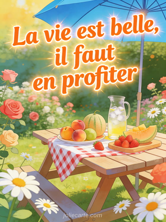 Table de jardin avec pique-nique estival fruits frais limonade parasol et jardin fleuri ensoleillé et le texte La vie est belle il faut en profiter