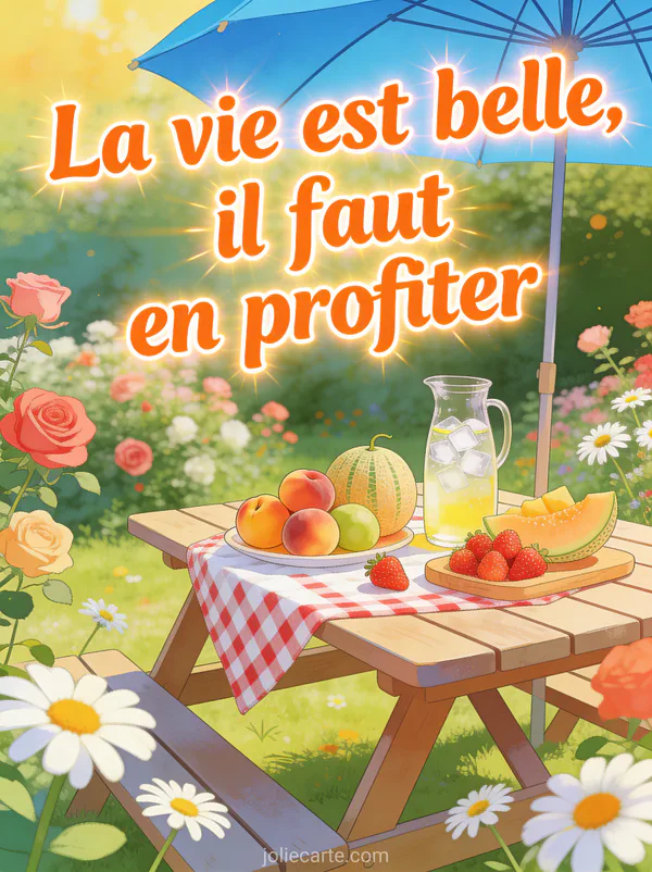 Table de jardin avec pique-nique estival fruits frais limonade parasol et jardin fleuri ensoleillé et le texte La vie est belle il faut en profiter