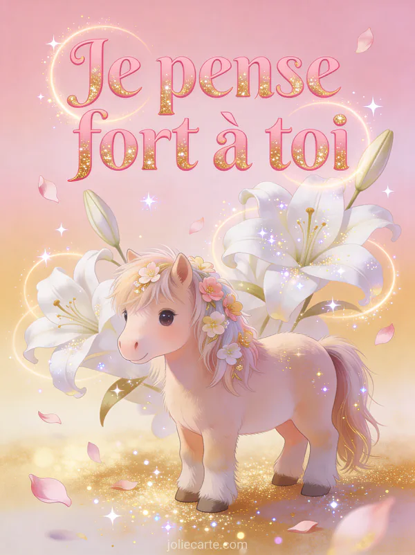 Lys blancs majestueux avec sparkles et fond dégradé rose doré et petit poney shetland adorable avec crinière fleurie et le texte Je pense fort à toi