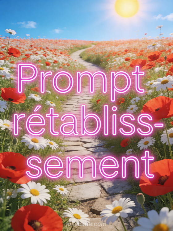 Champ de coquelicots rouges et marguerites blanches sous un ciel bleu d'été avec chemin qui serpente et soleil radieux et le texte Prompt rétablissement