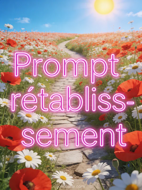 Champ de coquelicots rouges et marguerites blanches sous un ciel bleu d'été avec chemin qui serpente et soleil radieux et le texte Prompt rétablissement