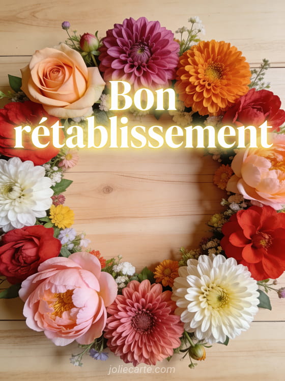 Mandala floral lumineux composé de roses dahlias chrysanthèmes et pivoines disposés en cercle sur fond de bois clair et le texte Bon rétablissement