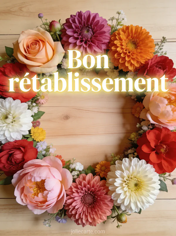 Mandala floral lumineux composé de roses dahlias chrysanthèmes et pivoines disposés en cercle sur fond de bois clair et le texte Bon rétablissement