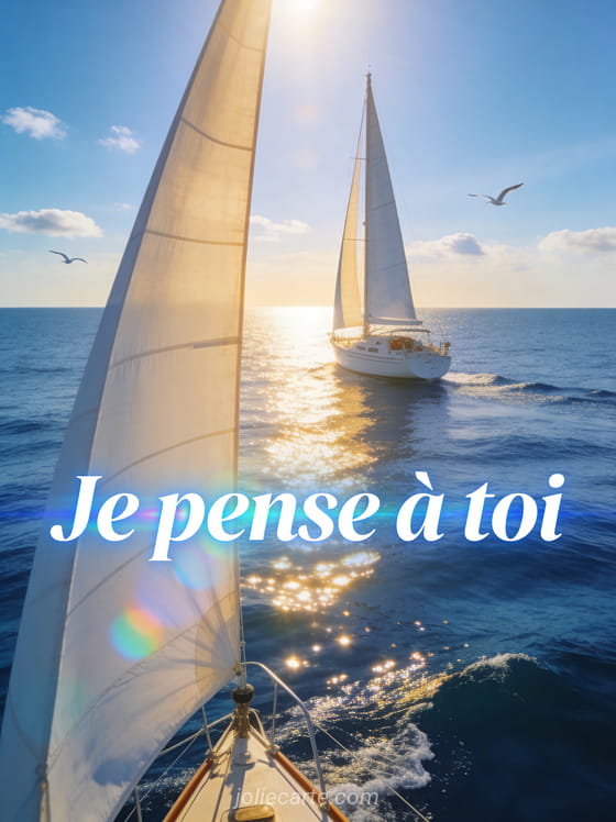 Voilier blanc sur une mer calme d'un bleu profond au soleil avec mouettes en vol et reflets dorés sur l'eau et le texte Je pense à toi