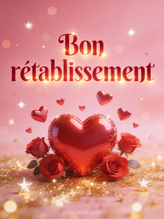 Gros coeur rouge en 3D entouré de petits coeurs flottants et de roses rouges sur fond rose doux avec bokeh doré et le texte Bon rétablissement