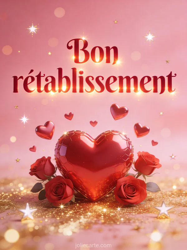 Gros coeur rouge en 3D entouré de petits coeurs flottants et de roses rouges sur fond rose doux avec bokeh doré et le texte Bon rétablissement
