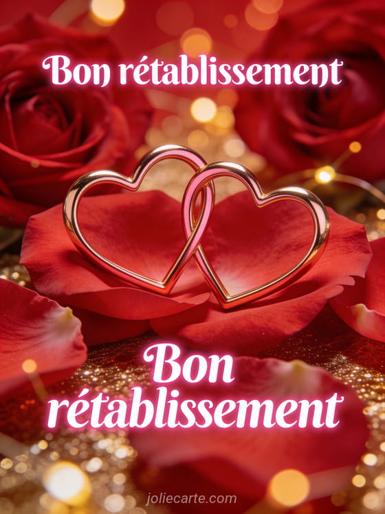 Deux coeurs entrelacés en or rose posés sur des pétales de roses rouges avec un fond bokeh rouge et doré et le texte Bon rétablissement