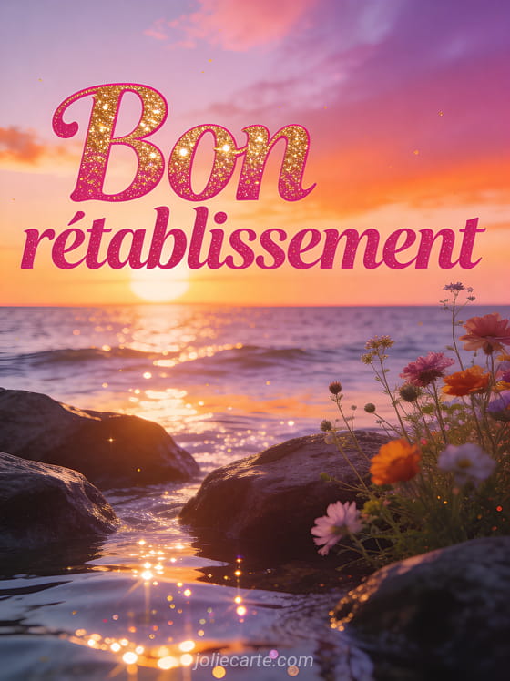 Coucher de soleil romantique sur la mer avec des tons roses orangés et violets et des rochers avec des fleurs sauvages et le texte Bon rétablissement