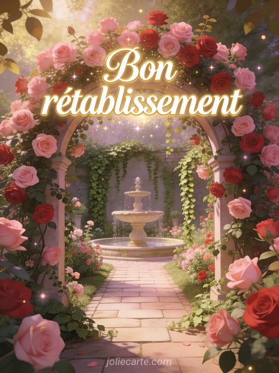 Jardin secret avec une arche de roses grimpantes roses et rouges et un chemin menant à une fontaine ornementale avec le texte Bon rétablissement