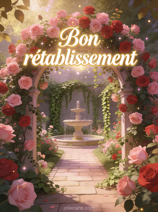 Jardin secret avec une arche de roses grimpantes roses et rouges et un chemin menant à une fontaine ornementale avec le texte Bon rétablissement