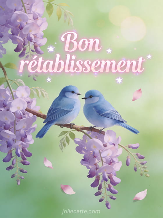 Couple de mésanges bleues sur une branche de glycine mauve en fleurs avec des pétales qui tombent et un fond vert tendre et le texte Bon rétablissement