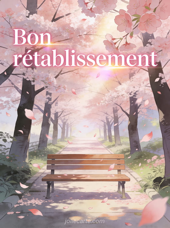 Allée de cerisiers japonais en pleine floraison avec des pétales roses qui tourbillonnent dans le vent et un banc en bois et le texte Bon rétablissement
