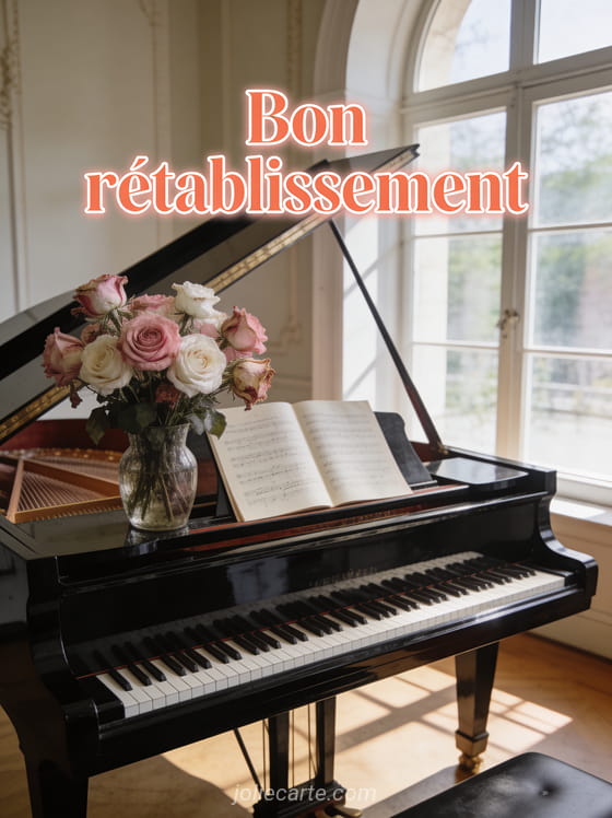 Vase de roses anciennes roses et blanches sur un piano à queue noir lustré avec une partition ouverte et une lumière naturelle et le texte Bon rétablissement