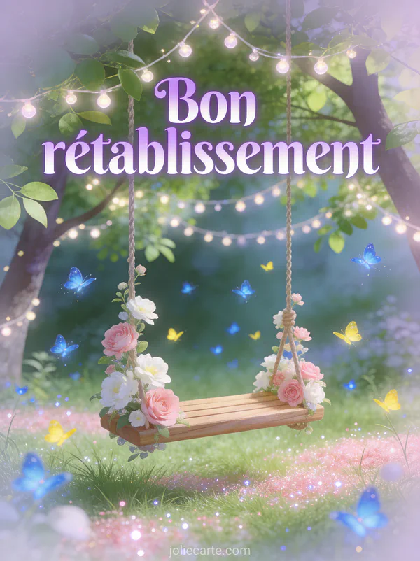 Balançoire ornée de fleurs dans un jardin enchanté avec des guirlandes lumineuses des lucioles et de la rosée scintillante et le texte Bon rétablissement