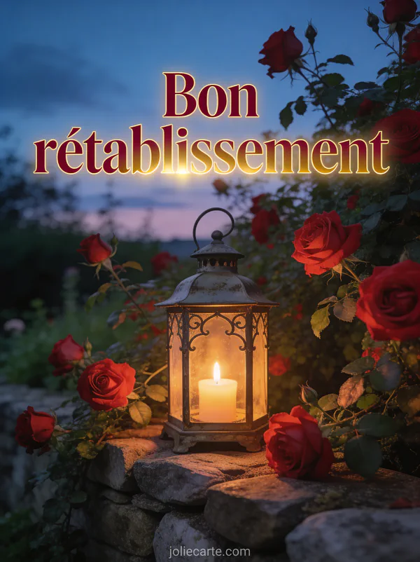 Lanterne ancienne en fer forgé allumée sur un muret de pierres entourée de roses rouges grimpantes au crépuscule et le texte Bon rétablissement