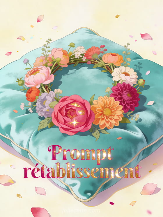Couronne de fleurs champêtres colorées pivoines dahlias et renoncules posée sur un coussin de velours et le texte Prompt rétablissement