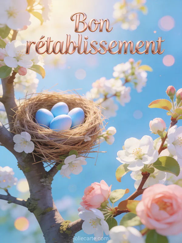 Nid d'oiseau douillet avec des oeufs bleu clair dans un arbre en fleurs avec des fleurs blanches et roses dans la lumière dorée du printemps et le texte Bon rétablissement