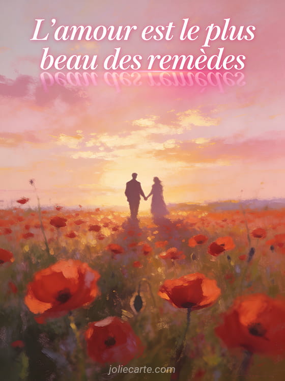 Coucher de soleil romantique sur un champ de coquelicots rouges avec la silhouette d'un couple main dans la main et le texte L'amour est le plus beau des remèdes