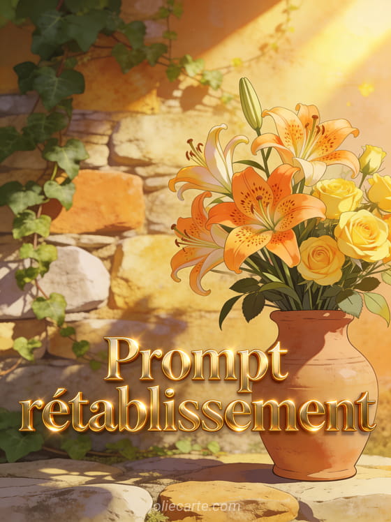 Bouquet de lys tigrés orange et de roses jaunes dans un vase en terre cuite devant un mur de pierres chaudes avec du lierre et le texte Prompt rétablissement