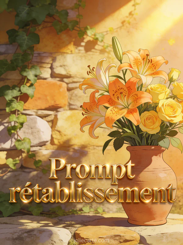 Bouquet de lys tigrés orange et de roses jaunes dans un vase en terre cuite devant un mur de pierres chaudes avec du lierre et le texte Prompt rétablissement