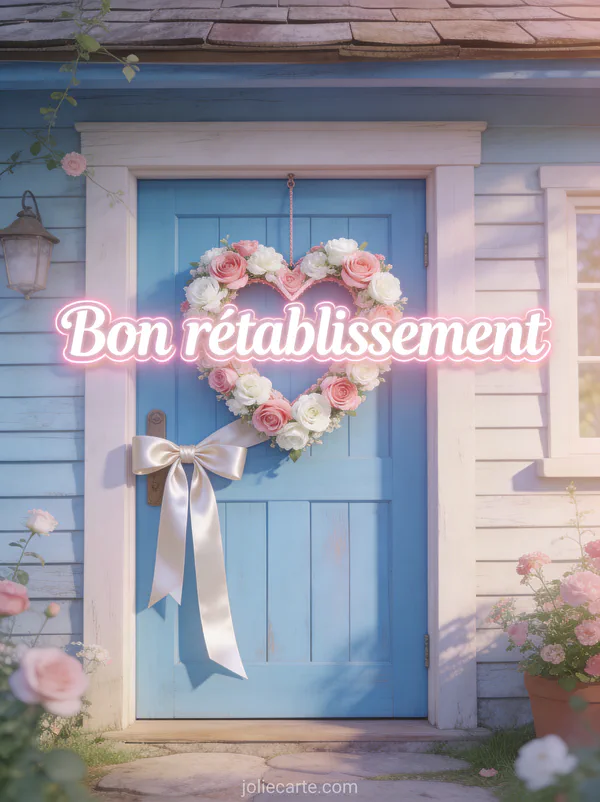 Coeur en fleurs fraîches roses et blanches accroché à une porte en bois bleu pastel avec un ruban en satin et le texte Bon rétablissement