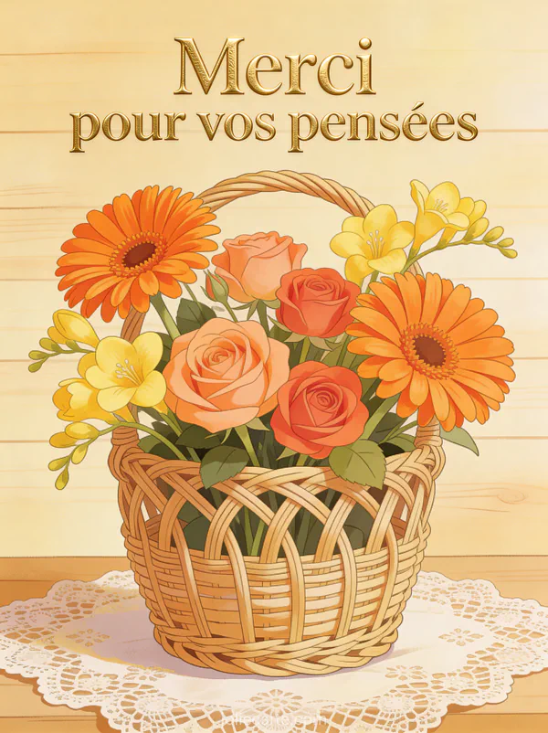 Composition florale de gerberas orange roses corail et freesias jaunes dans un panier en osier tressé avec une nappe en dentelle et le texte Merci pour vos pensées