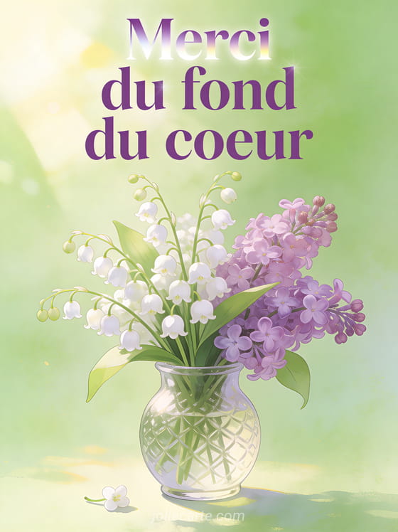 Arrangement de fleurs de muguet et de lilas dans un vase en verre avec des cloches blanches et des grappes mauves dans la lumière matinale et le texte Merci du fond du coeur