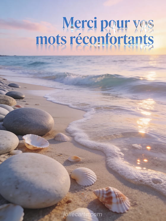 Paysage de bord de mer apaisant avec des galets ronds des vagues douces et des coquillages au lever du soleil et le texte Merci pour vos mots réconfortants