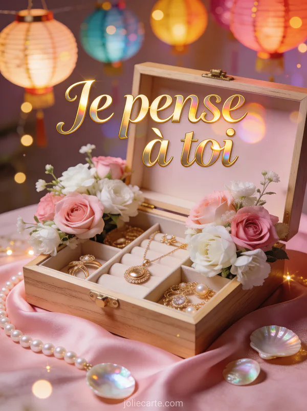 Coffret en bois ouvert avec bijoux dorés et fleurs roses et blanches sur tissu de soie rose avec lampions colorés en arrière-plan et le texte Je pense à toi