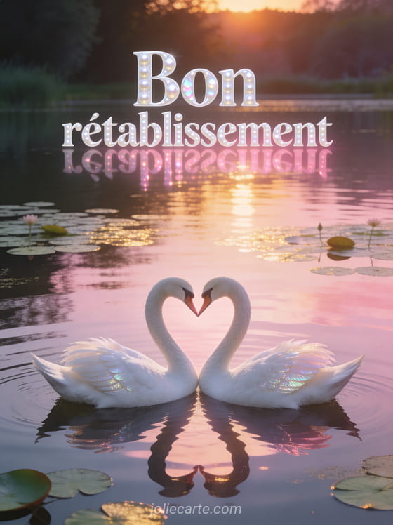 Couple de cygnes blancs formant un coeur sur un lac calme au coucher du soleil avec reflets rosés et nénuphars et le texte Bon rétablissement