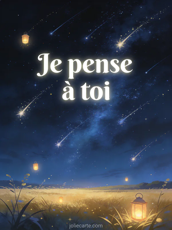 Ciel nocturne rempli d'étoiles filantes au-dessus d'une prairie avec lanternes lumineuses flottant dans le ciel et le texte Je pense à toi