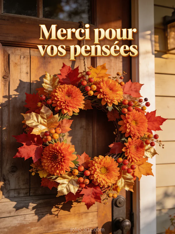 Couronne de fleurs automnales accrochée à une porte en bois rustique avec chrysanthèmes orange feuilles d'érable et baies et le texte Merci pour vos pensées