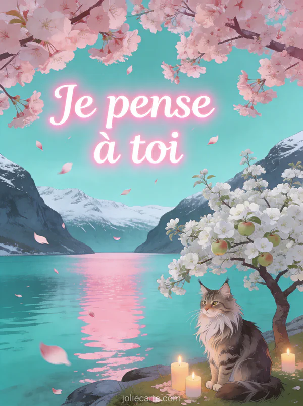 Cerisiers en fleurs roses au-dessus d'un fjord turquoise avec chat maine coon sous un pommier en fleurs et pétales emportés par le vent et le texte Je pense à toi