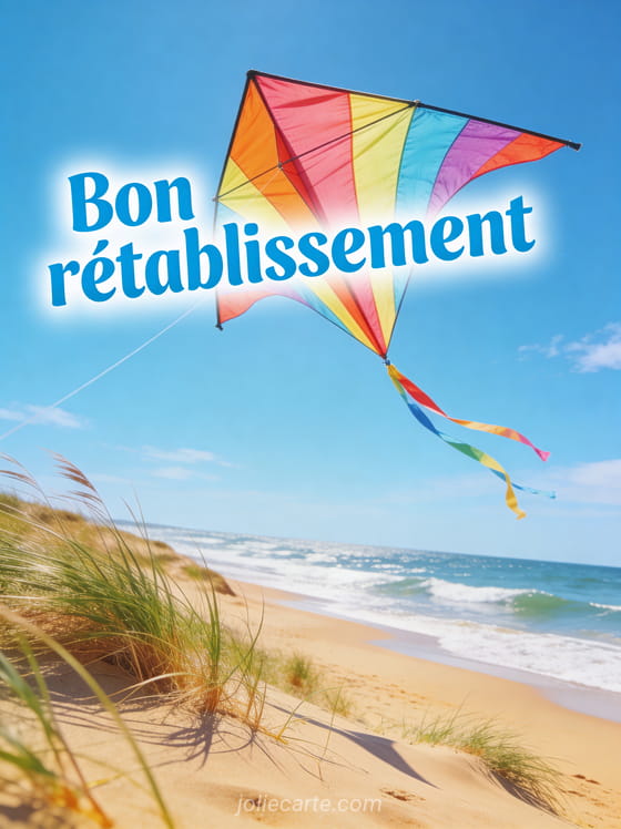 Cerf-volant coloré volant dans un ciel bleu d'été au-dessus d'une plage avec vagues sable doré et herbes des dunes et le texte Bon rétablissement
