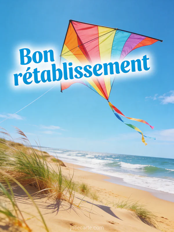 Cerf-volant coloré volant dans un ciel bleu d'été au-dessus d'une plage avec vagues sable doré et herbes des dunes et le texte Bon rétablissement