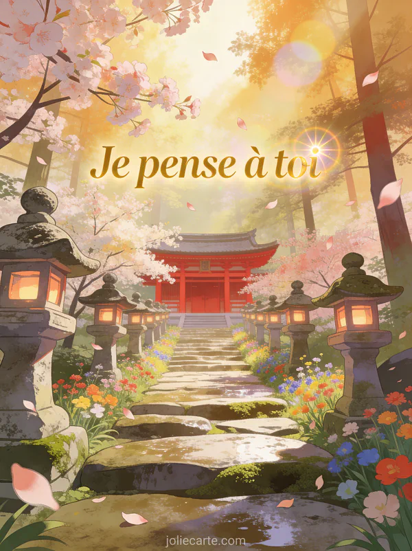 Allée bordée de lanternes japonaises en pierre menant à un sanctuaire rouge avec cerisiers en fleurs et lens flare doré et le texte Je pense à toi