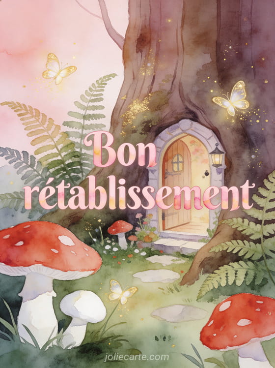 Petit jardin féérique avec portail miniature dans un tronc d'arbre champignons rouges fougères et lucioles brillantes et le texte Bon rétablissement