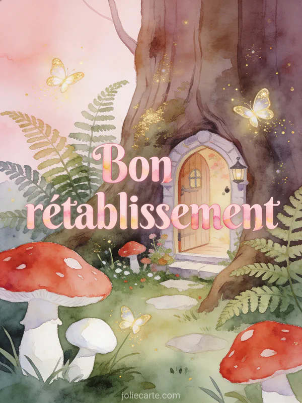 Petit jardin féérique avec portail miniature dans un tronc d'arbre champignons rouges fougères et lucioles brillantes et le texte Bon rétablissement