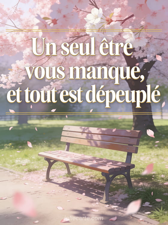Banc solitaire dans un parc au printemps sous un cerisier en fleurs avec pétales roses tombant doucement dans la lumière douce et le texte citation
