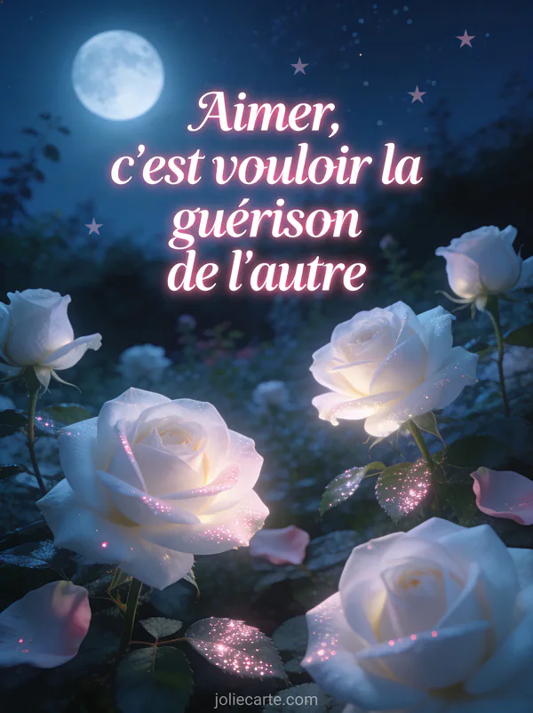 Jardin au clair de lune avec roses blanches éclairées par la lune rosée scintillante et ciel étoilé et le texte Aimer c'est vouloir la guérison de l'autre