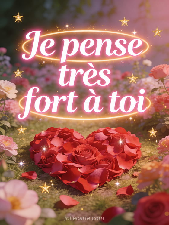 Grand coeur fait de pétales de roses rouges dans un jardin fleuri avec étoiles dorées scintillantes et le texte Je pense très fort à toi