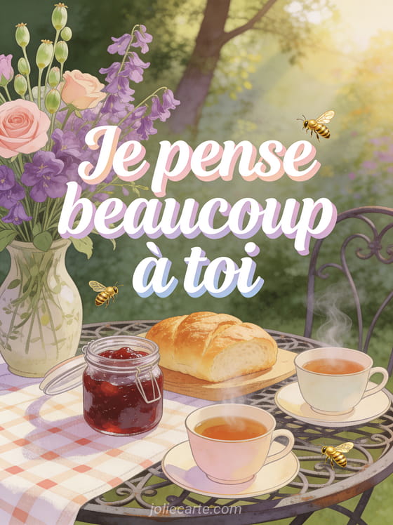 Table de jardin en fer forgé avec confiture maison pain frais et pois de senteur roses dans un vase champêtre avec tasses de thé et le texte Je pense beaucoup à toi